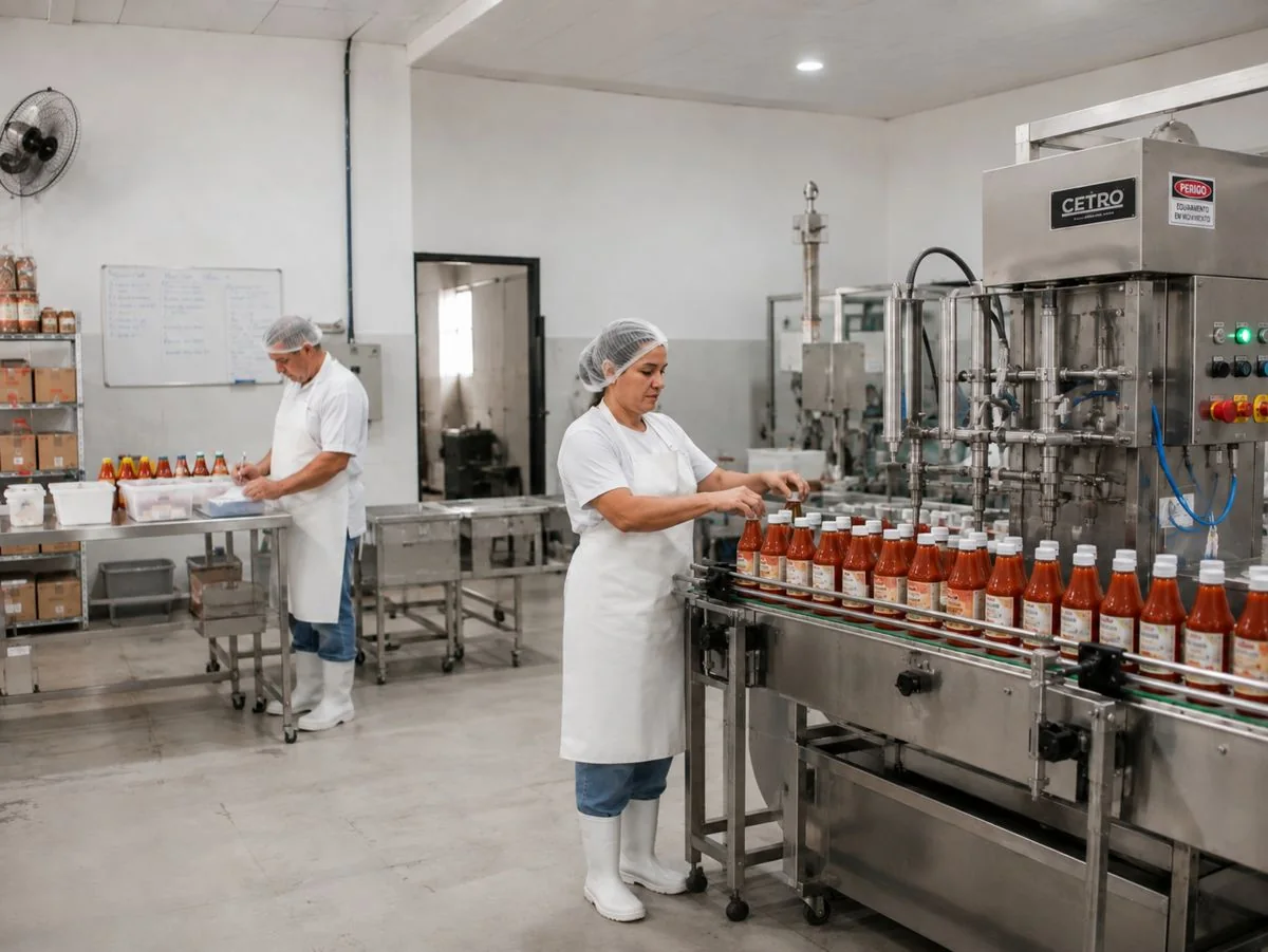 Operadores em linha de envase de uma indústria alimentícia